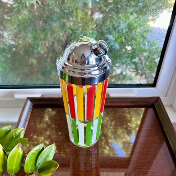 Mid-CenturyOrange and Green Striped Glass Cocktail Shaker w/ Chrome Top, 10” - Picture 15 of 16
